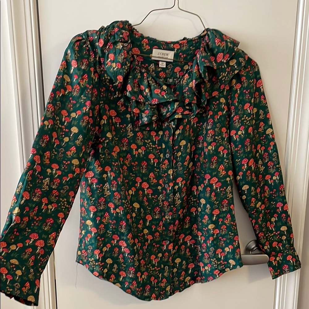 J.Crew Collection 100% silk mushroom ruffle neck blouse